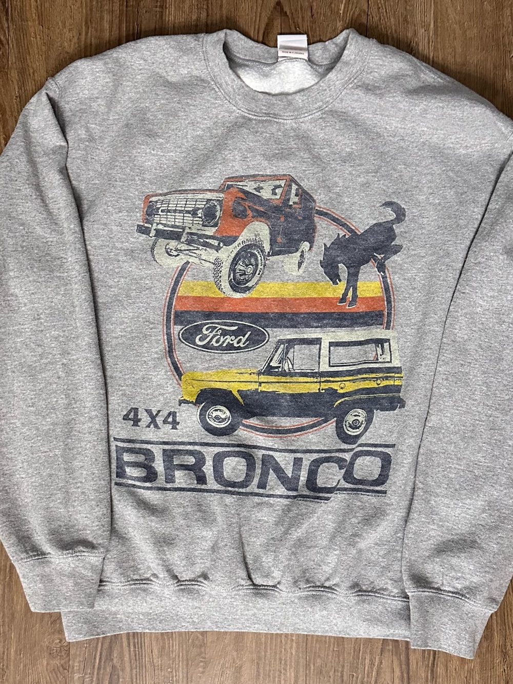 Junk Food Clothing Gray Crewneck Sweatshirt with Retro Bronco Graphics
